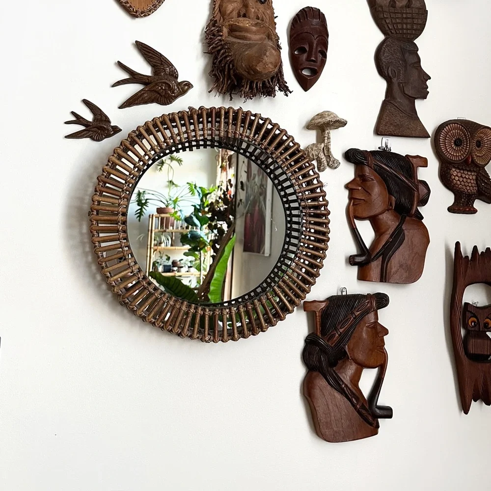 Vintage Round Rattan Wall Mirror by Umbra Matt Carr MCM Boho Brown